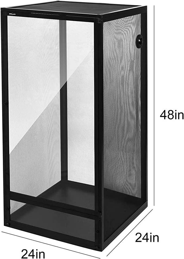 Large black mesh reptile terrarium cage, 48x24x24 inches, with ventilation panels.