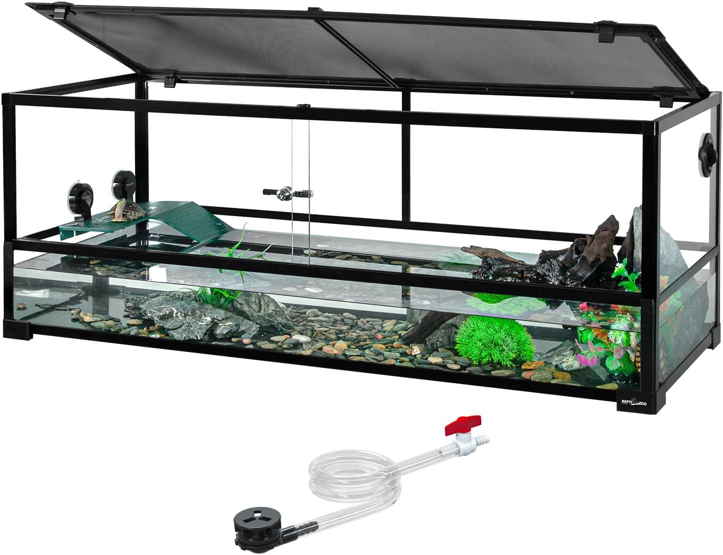 Glass reptile terrarium with mesh lid, basking ramp, rocks, plants, and siphon tube included Main image