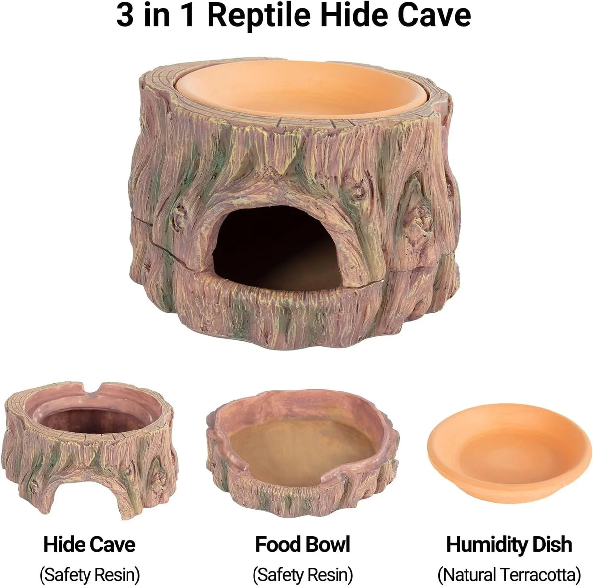 Three-in-one reptile hide cave, food bowl, and humidity dish set for terrariums