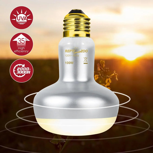 100W reptile UVA heat lamp bulb with gold socket, high efficiency, 2000-3000 hour lifespan