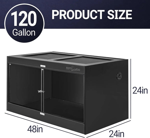 120 gallon black reptile terrarium, 48x24x24 inches, dual glass doors, mesh top