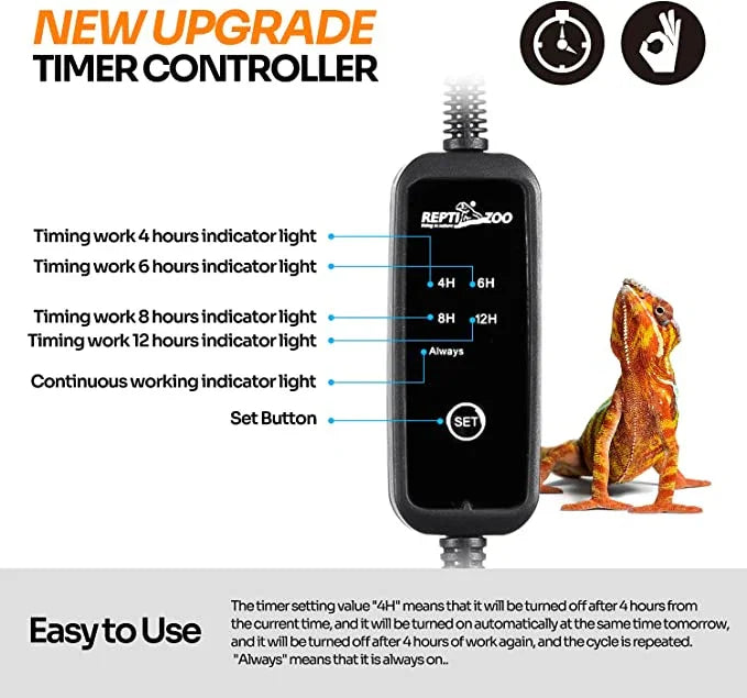 Reptile heat lamp timer controller with digital indicator lights and a bearded dragon beside it.