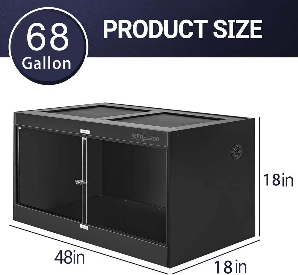 68 gallon reptile terrarium, black, glass doors, mesh top, 48x18x18 inches.