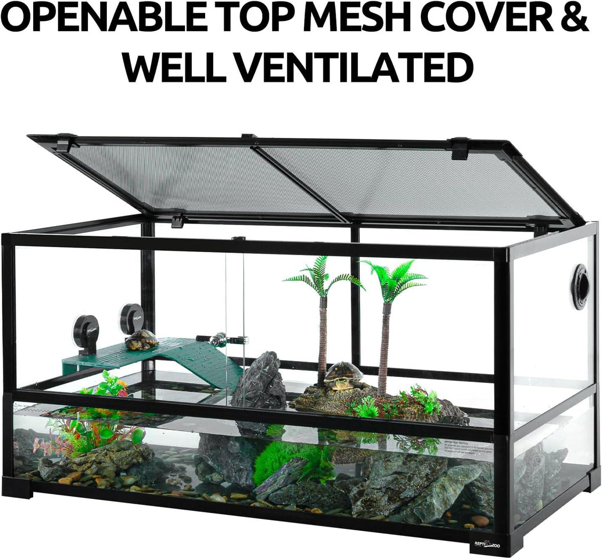 Glass reptile terrarium with openable mesh top, rocks, plants, and basking turtles inside.