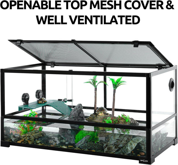 Glass reptile terrarium with openable mesh top, rocks, plants, and basking turtles inside.