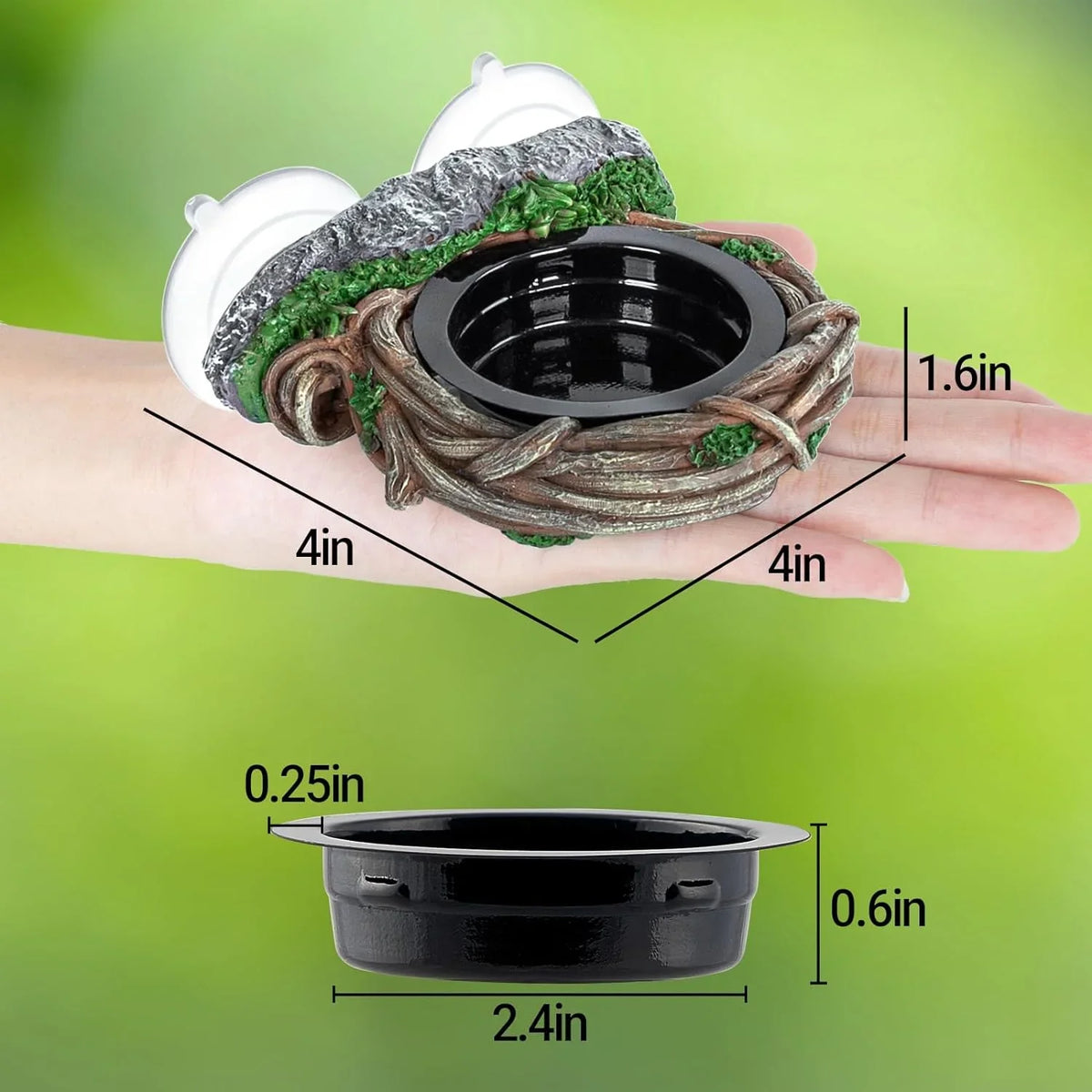 Small reptile food and water dish with realistic rock and vine design, shown with size dimensions.