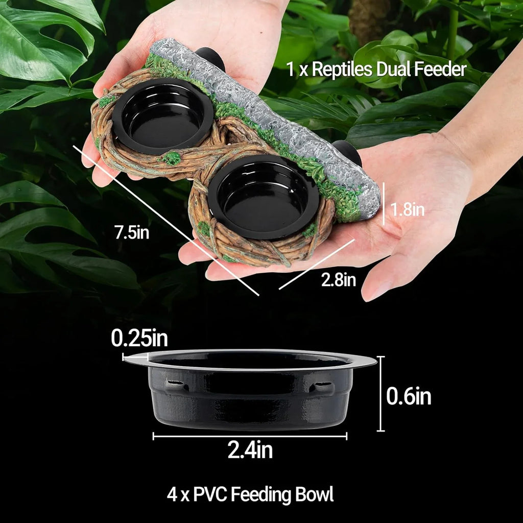 Dual reptile feeder with two PVC feeding bowls, realistic branch design, size dimensions shown.