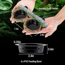 REPTI ZOO Magnetic Crested Gecko Feeding Ledge, Reptile Feeder Ledge with 2PCS Cups, Reptile Water Bowl for Bearded Dragon Lizard Snake, Hollow Vine Food Dish Tank Accessories