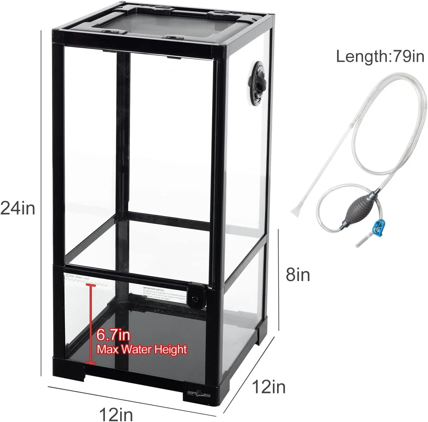 REPTIZOO 15 Gallon Full Glass Reptile Terrarium 12" x 12" x 24" Siphon Gravel Cleaner Set, Small Reptile Habitat for Reptile Chameleon, Tree Frogs Secondary image