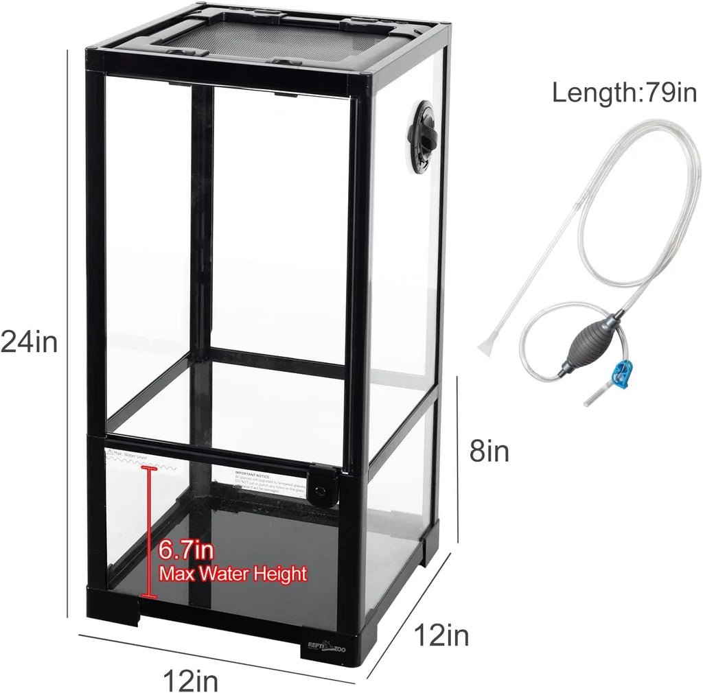 Glass reptile terrarium 12x12x24 inches with mesh top, side vent, and siphon tube accessory.