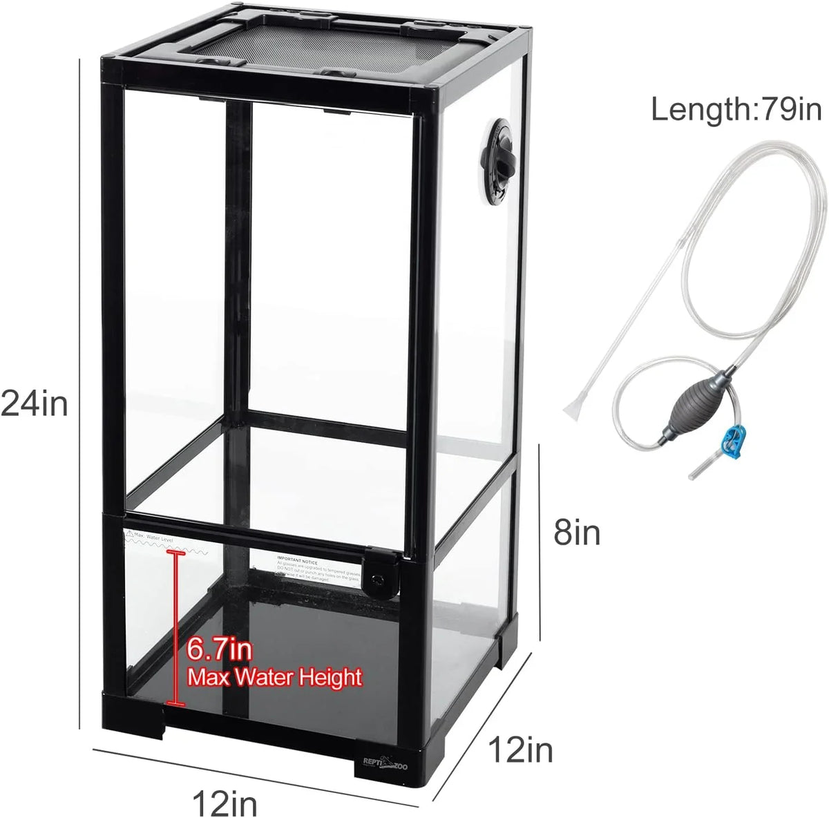 Glass reptile terrarium 12x12x24 inches with mesh top, side vent, and siphon tube accessory.