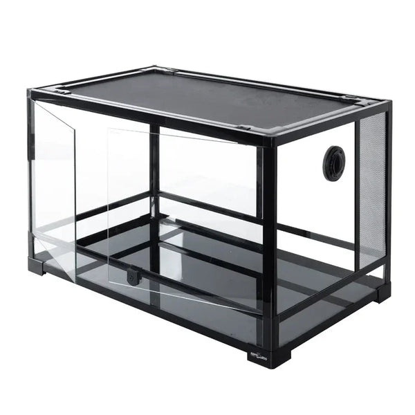 Glass reptile terrarium with front doors and ventilation, black frame, ideal for reptiles.