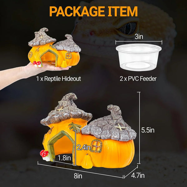 Pumpkin-shaped reptile hideout with dimensions, two 3-inch PVC feeders for terrarium setup.