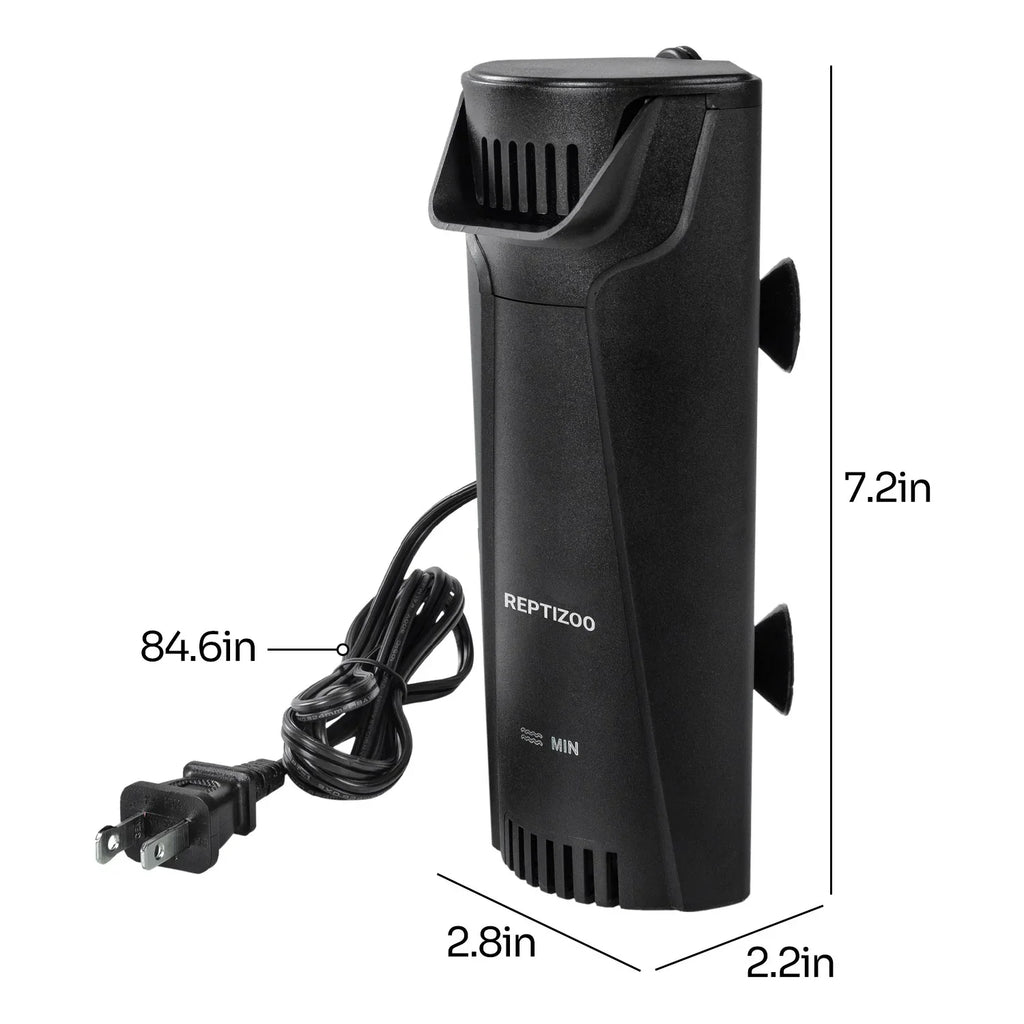 Black reptile terrarium filter with suction cups, power cord, and size dimensions shown