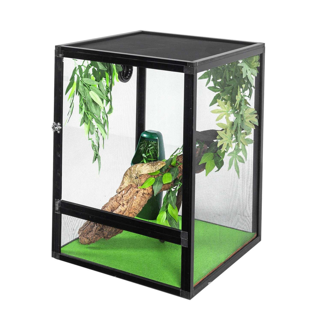 Mesh reptile terrarium with green foliage, climbing branch, and a plastic hide