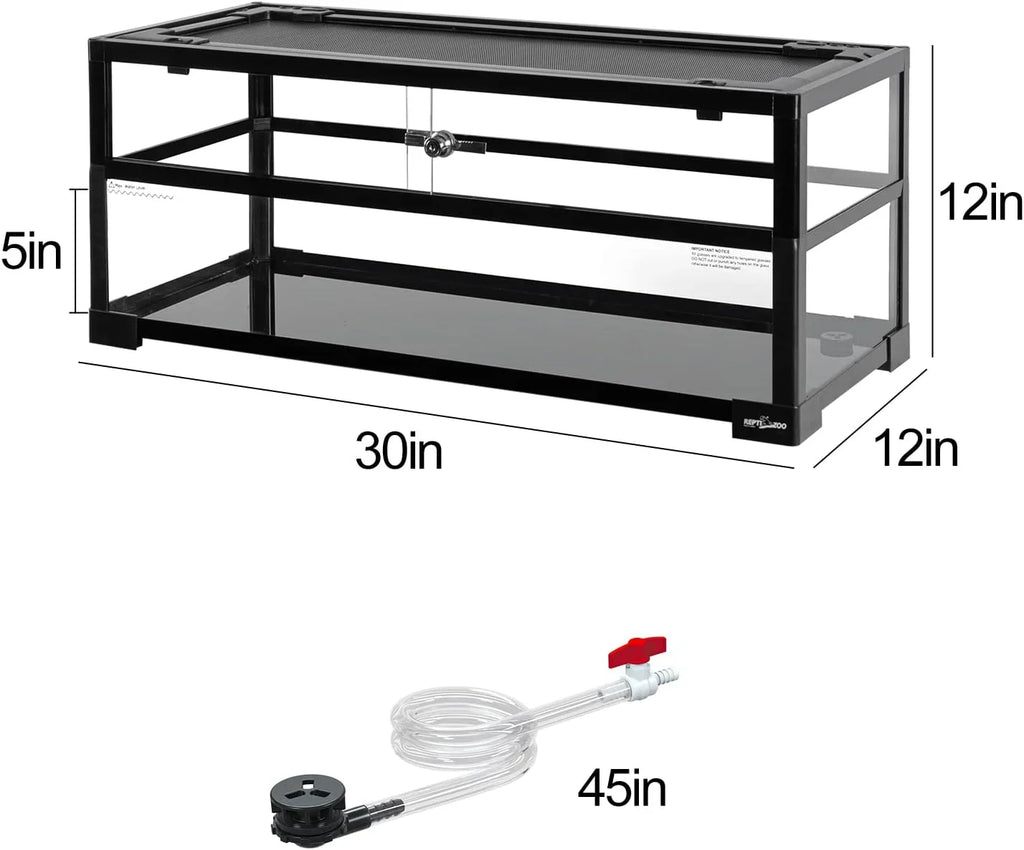 30x12x12 inch glass reptile terrarium with mesh top and 45 inch drainage tube