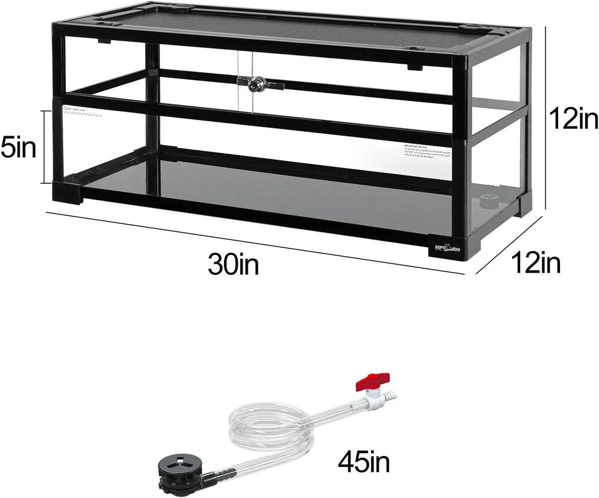 30x12x12 inch glass reptile terrarium with mesh top and 45 inch drainage tube