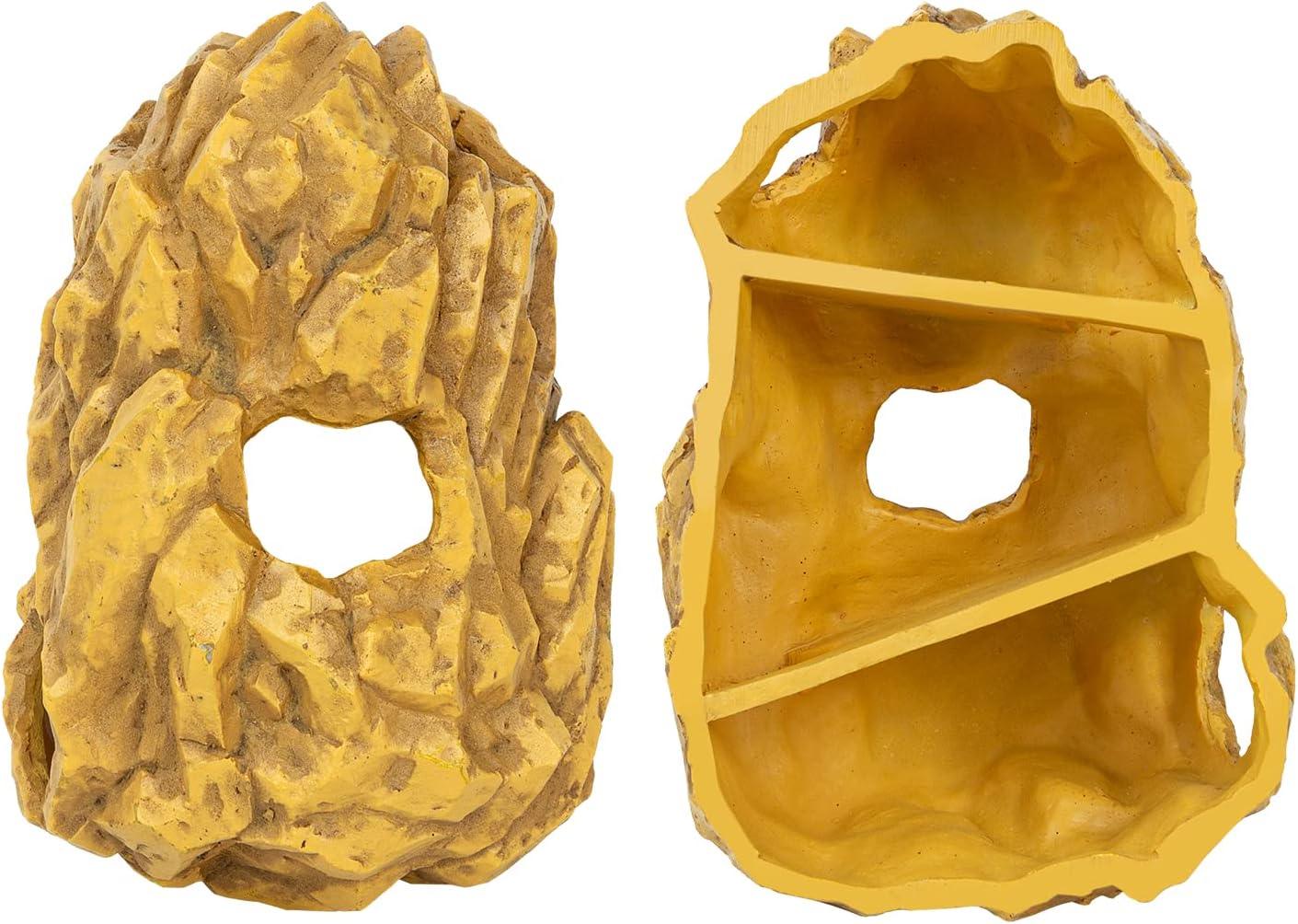 Yellow rock hideout decor for reptile terrarium, with entrance hole and interior shelves