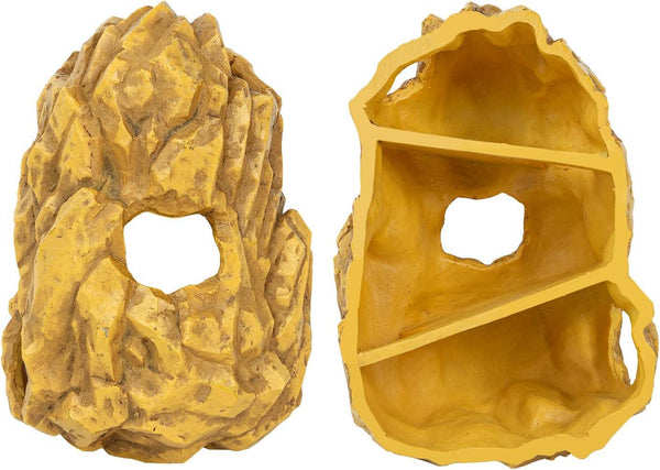 Yellow rock hideout decor for reptile terrarium, with entrance hole and interior shelves