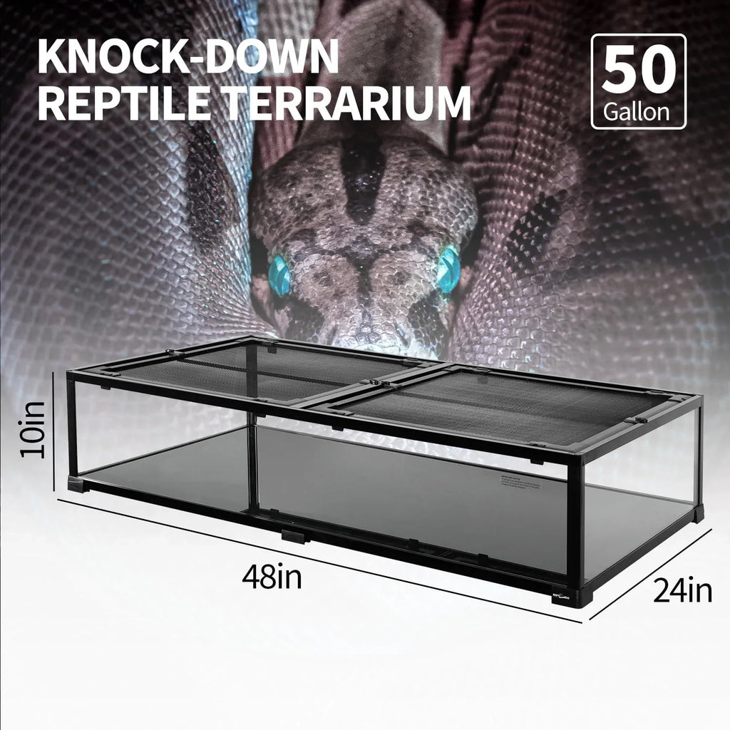50 gallon knock-down reptile terrarium with mesh top, 48x24x10 inch, for reptiles and snakes