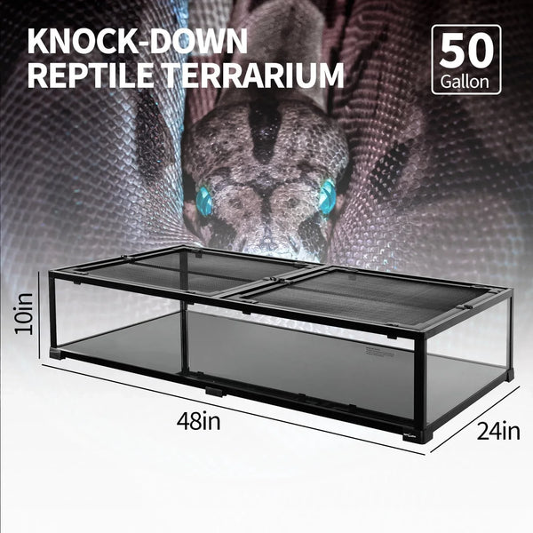50 gallon knock-down reptile terrarium with mesh top, 48x24x10 inch, for reptiles and snakes