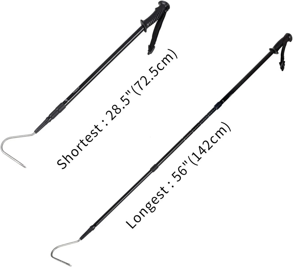 Adjustable reptile snake hook tool shown at shortest 28.5 inches and longest 56 inches