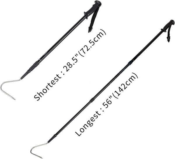 Adjustable reptile snake hook tool shown at shortest 28.5 inches and longest 56 inches