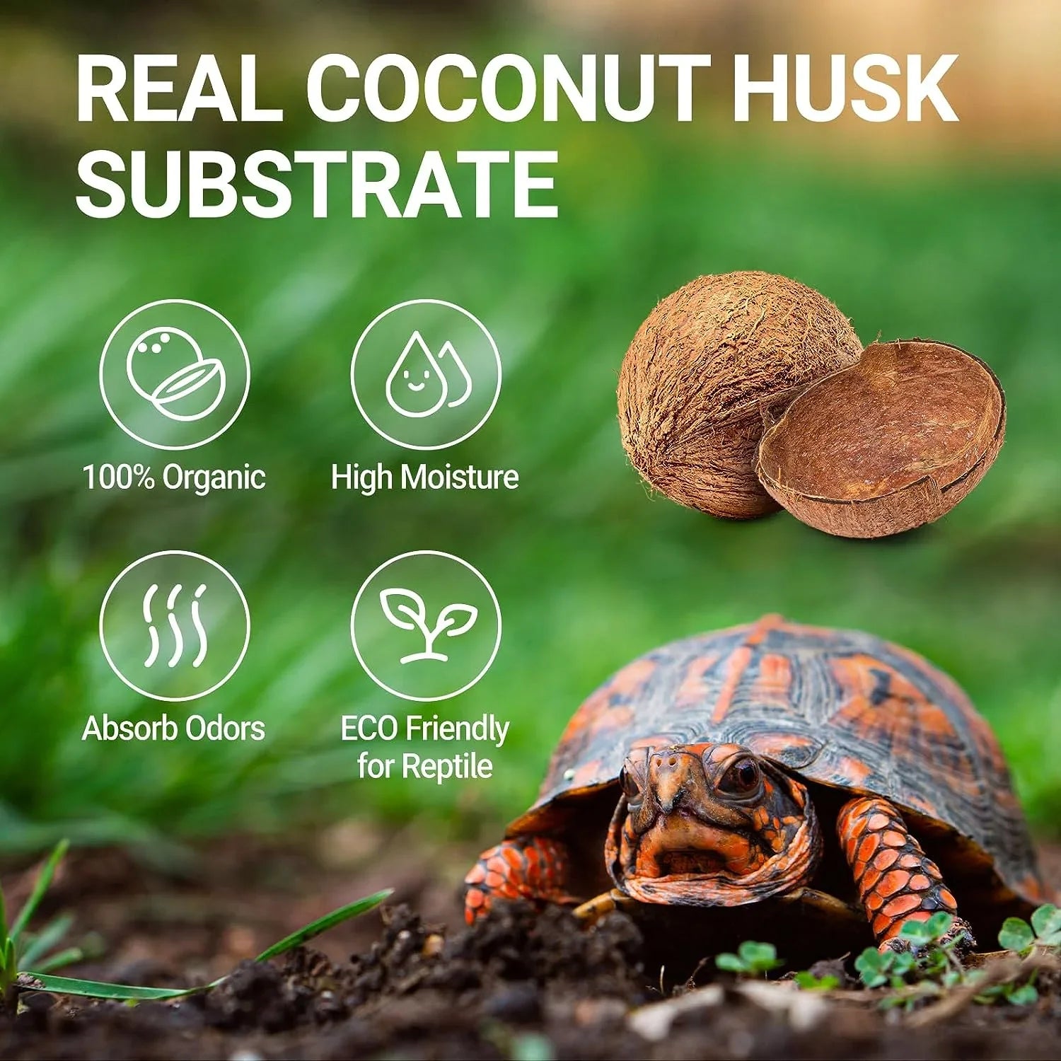 Coconut husk substrate for reptiles, 100% organic, high moisture, eco-friendly, odor absorbing, with turtle outdoors