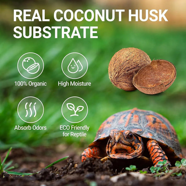 Coconut husk substrate for reptiles, 100% organic, high moisture, eco-friendly, odor absorbing, with turtle outdoors