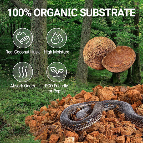 Organic coconut husk reptile substrate with snake, eco-friendly, high moisture, odor absorbing.