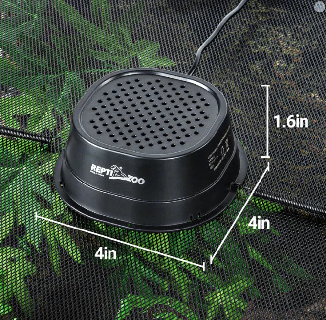 Black reptile terrarium fan with 4 inch diameter and 1.6 inch height on mesh screen top