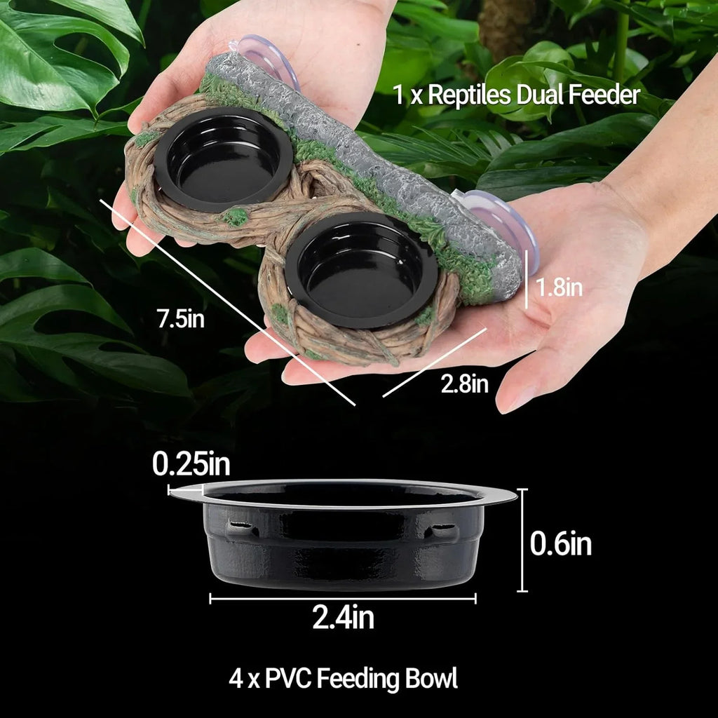 Dual reptile feeder with removable PVC bowls, natural vine design, shown with size dimensions.