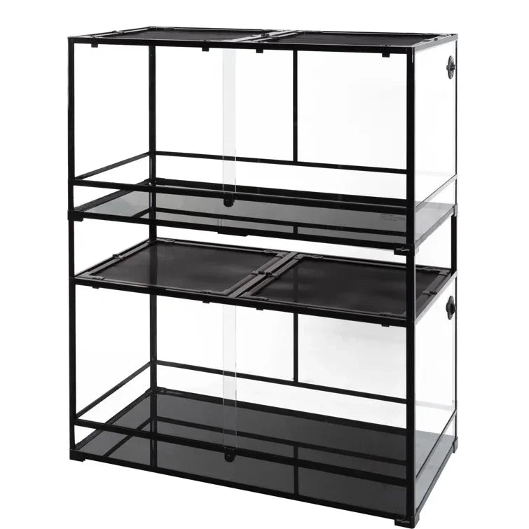 Stacked glass reptile terrarium enclosure with black metal frame and sliding doors