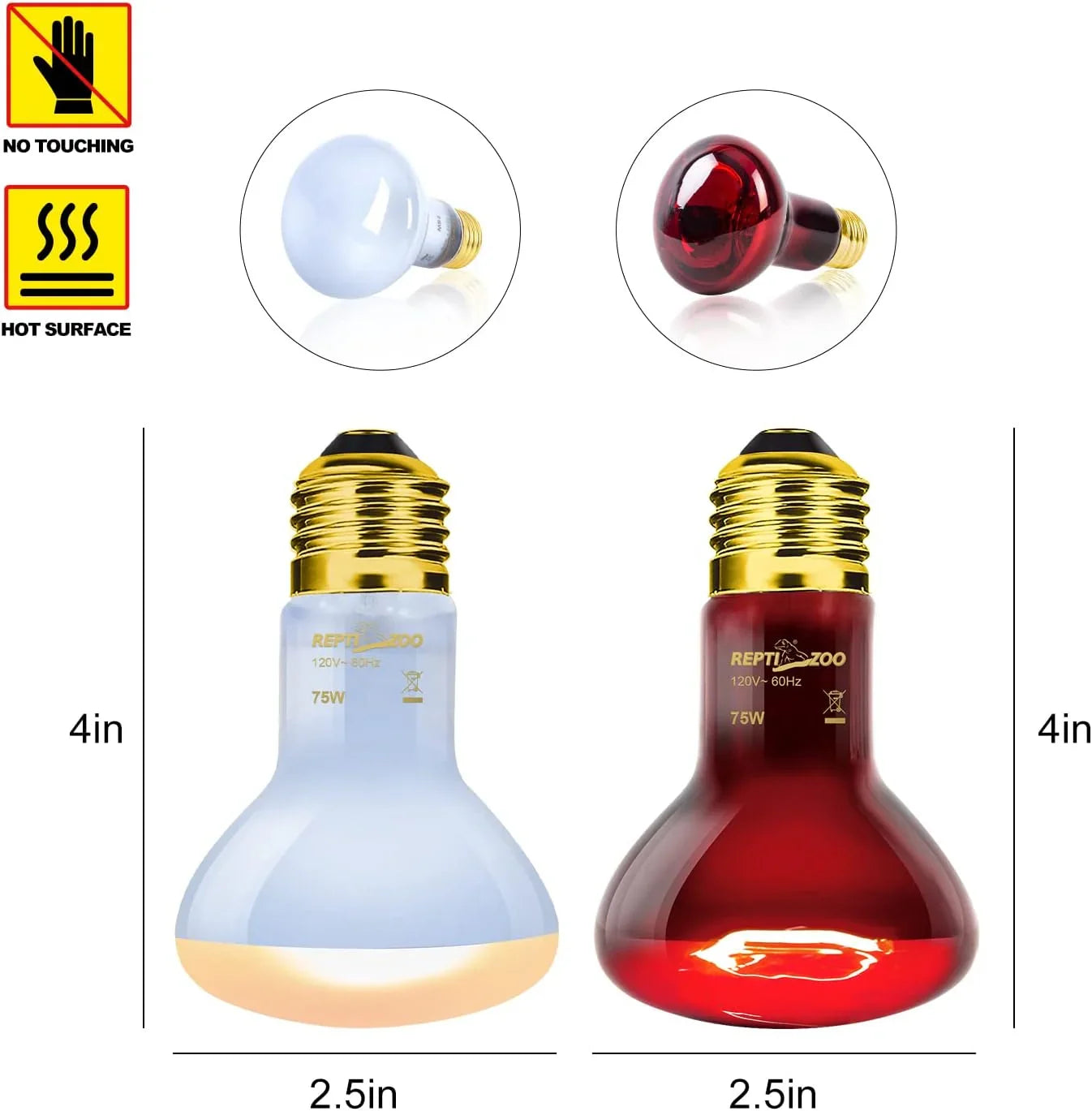 REPTIZOO 75W Reptile Heat Lamp, 2PCS Day & Night Heating Lamp Combo Pack, Infrared Heat Emitter Red Heat Lamp and UVA Daylight Basking Spot Light Heating Lamp Secondary image