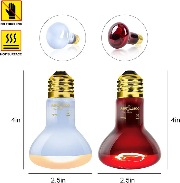 Reptile heat lamp bulbs, 75W white and red, with size details and safety warning icons