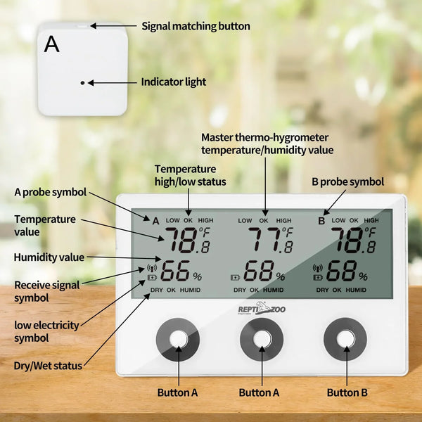 Digital reptile thermo-hygrometer with labeled display showing temperature, humidity, probe symbols, and control buttons.