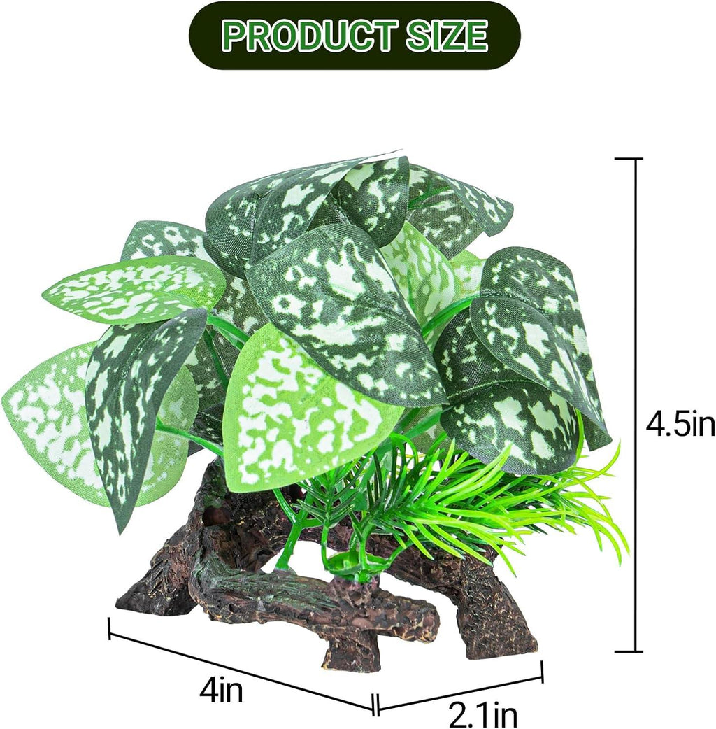 Artificial reptile terrarium plant with green spotted leaves, brown base, and size dimensions 4in x 2.1in x 4.5in