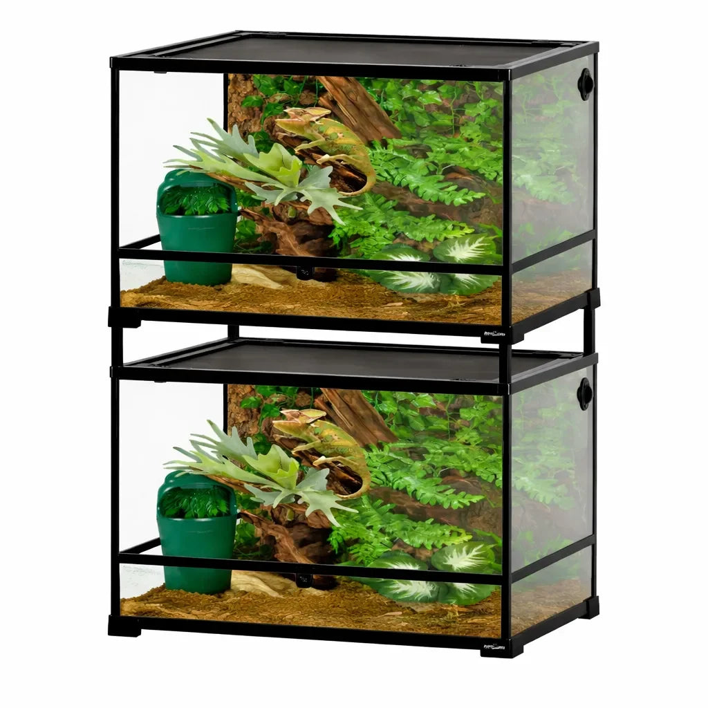 Stackable glass reptile terrariums with front opening, jungle decor, and green plants