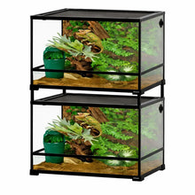 Load image into Gallery viewer, Stackable glass reptile terrariums with front opening, jungle decor, and green plants