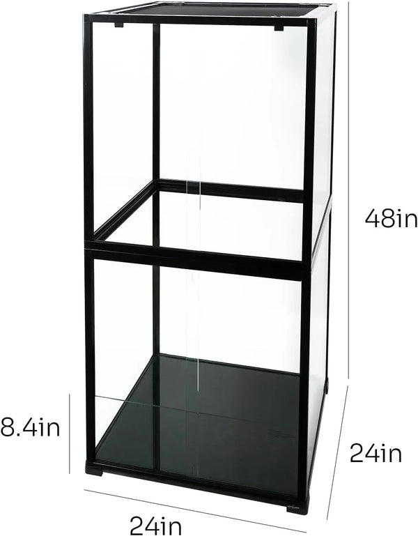 Tall glass reptile terrarium with black frame, 48x24x24 inches, for custom enclosures.