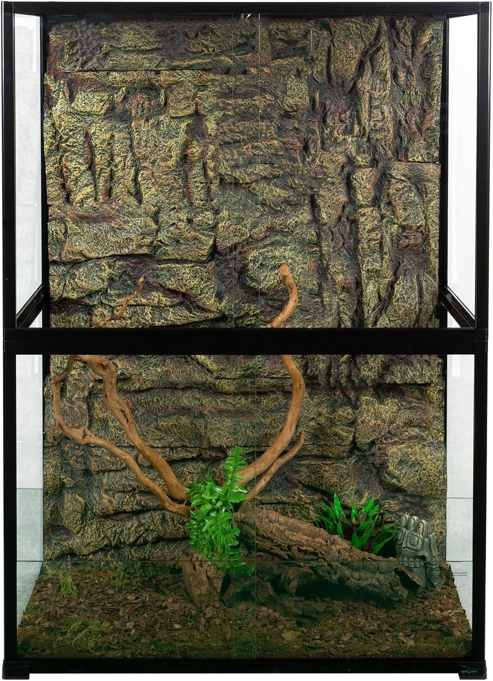 Glass reptile terrarium with naturalistic background, branch, plants, and bark substrate