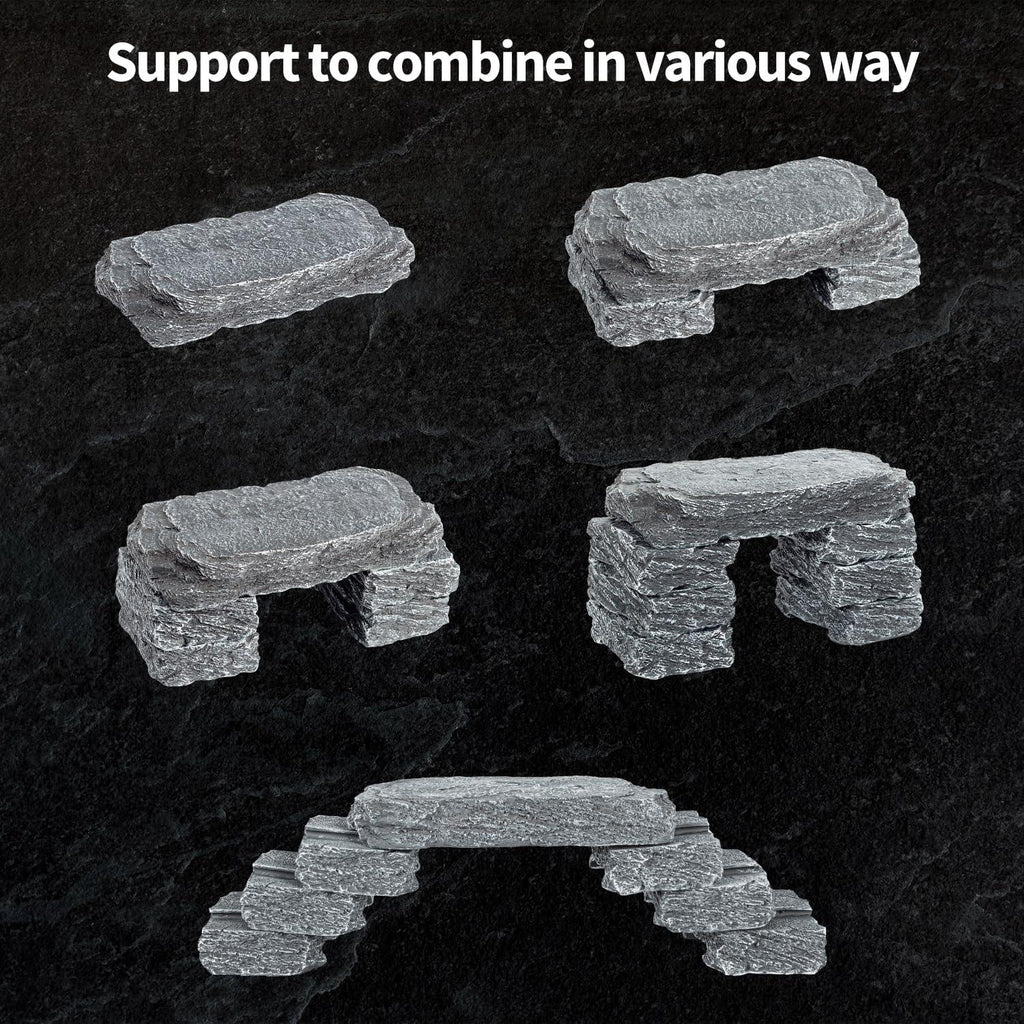 Stackable reptile terrarium rock hides in five different combinations on black background.