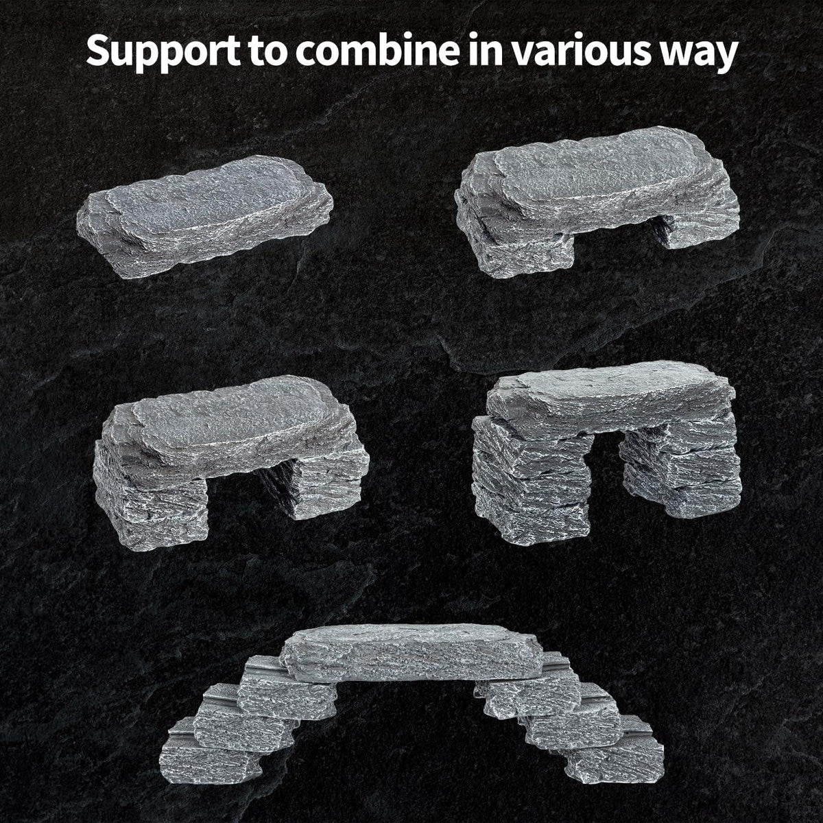 Stackable reptile terrarium rock hides in five different combinations on black background.