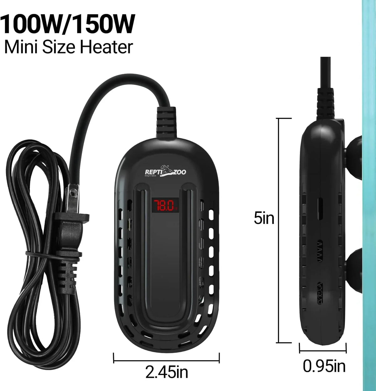 Mini reptile tank heater with digital display, 100W/150W, compact size with dimensions shown