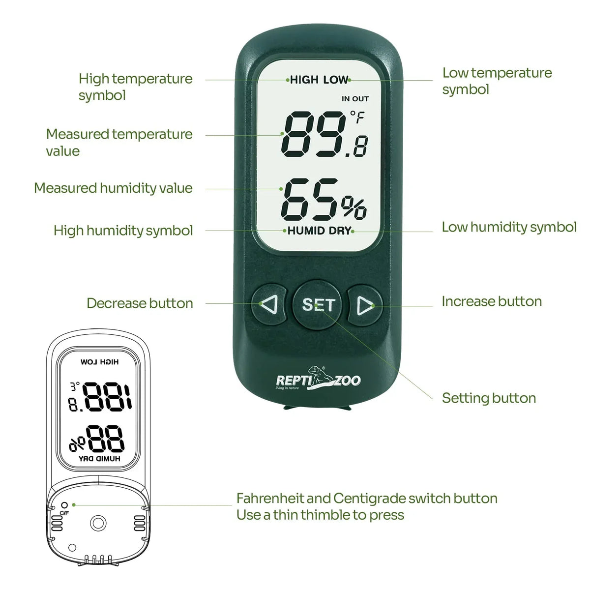 Digital reptile terrarium thermometer hygrometer with temperature and humidity display, labeled buttons, and symbols.