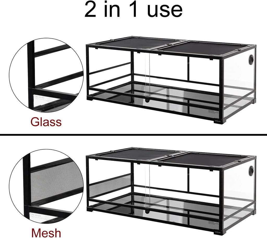 2-in-1 reptile terrarium with interchangeable glass and mesh side panels