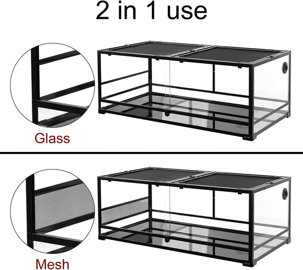 2-in-1 reptile terrarium with interchangeable glass and mesh side panels