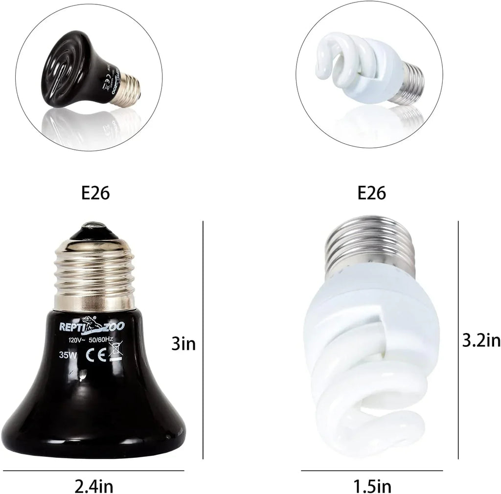 E26 reptile heat lamp and spiral UVB light bulb with size dimensions shown