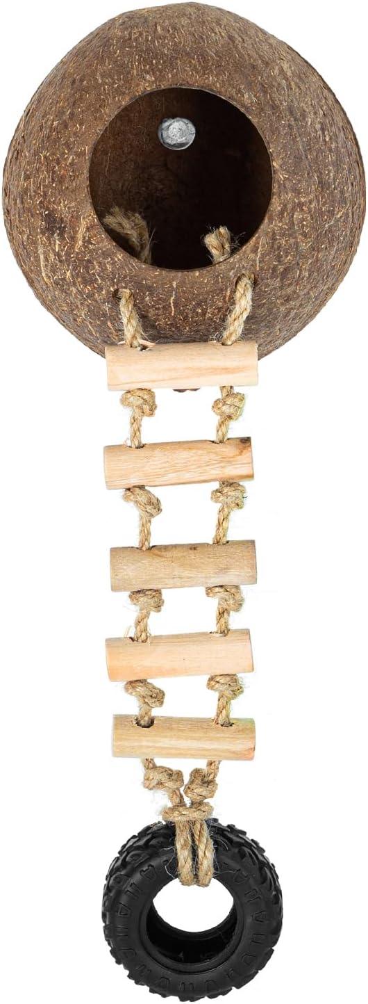 Coconut shell reptile hide with hanging rope ladder and black tire for terrarium habitat