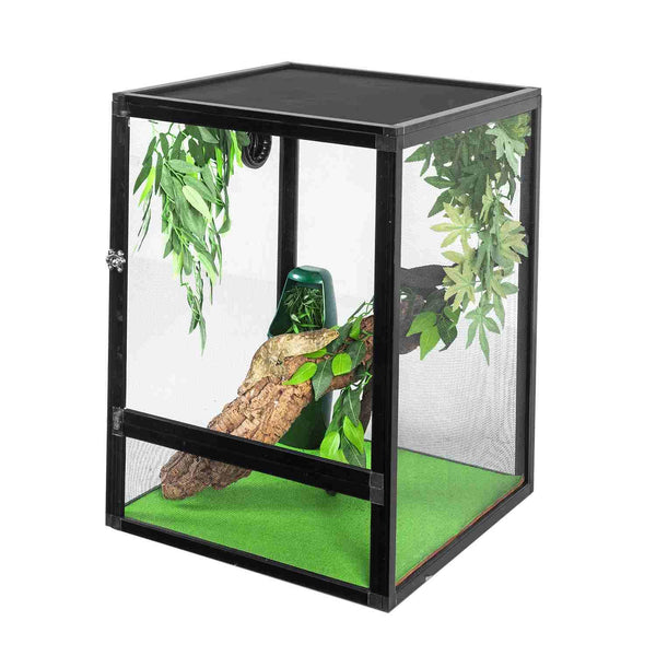 Mesh reptile terrarium with green plants, log, and naturalistic habitat setup